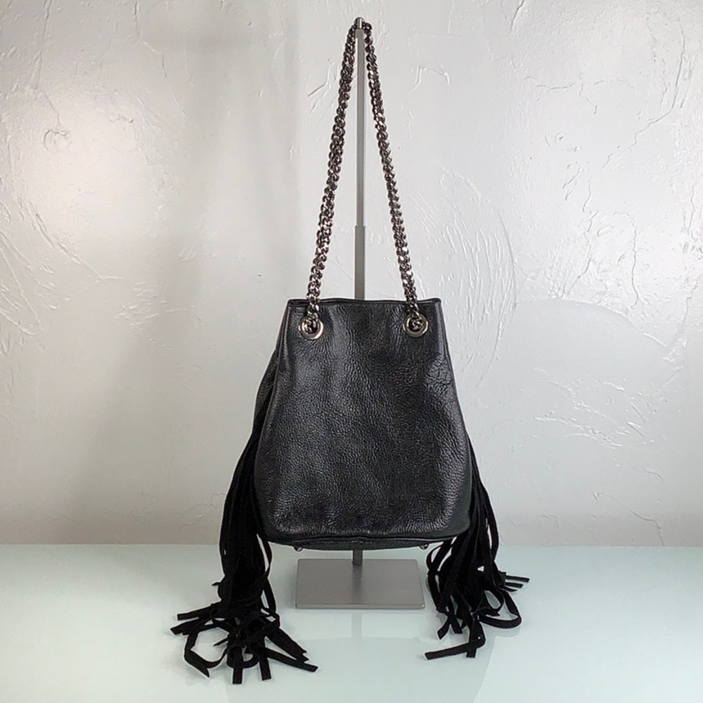 Mychoice Italian Genuine Leather Fringes & Chain Bucket black shoulder bag EUC